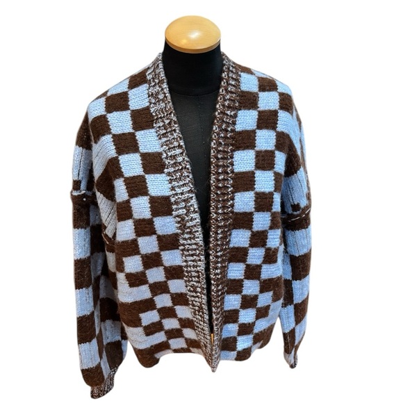 New Forever 21 Cardigan Blue Brown Oversized Checkered Plaid Open Front Size S - Picture 2 of 9